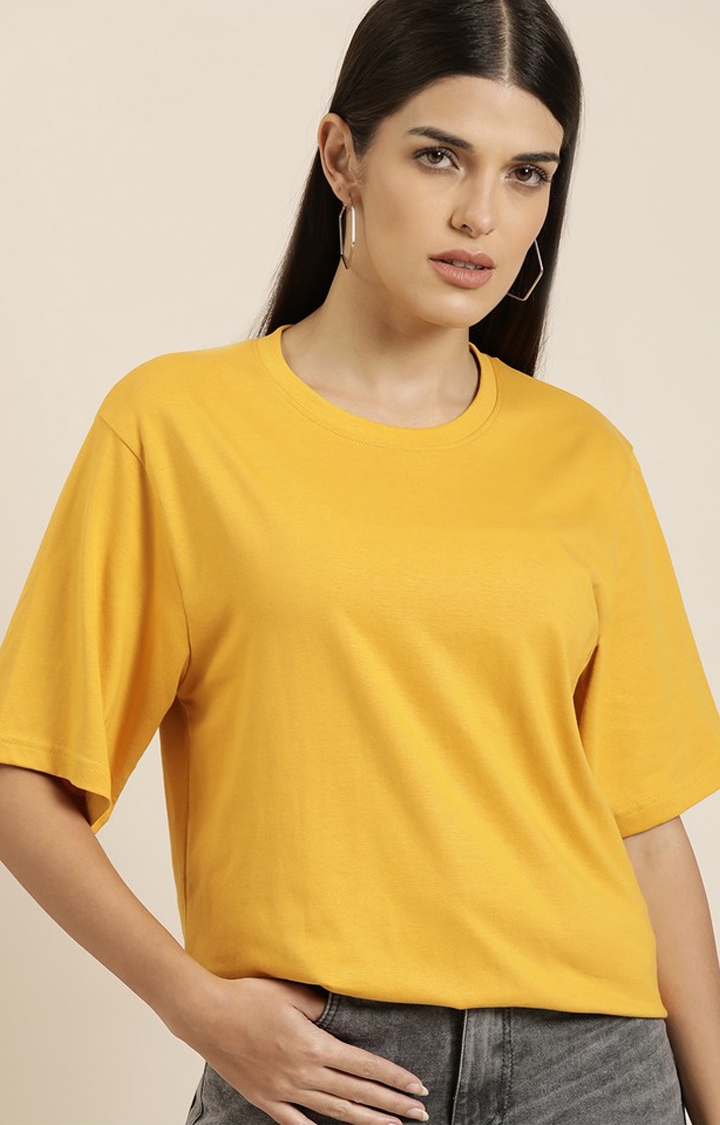 Difference of Opinion | Women's Mustard Cotton Solid Oversized T-Shirt