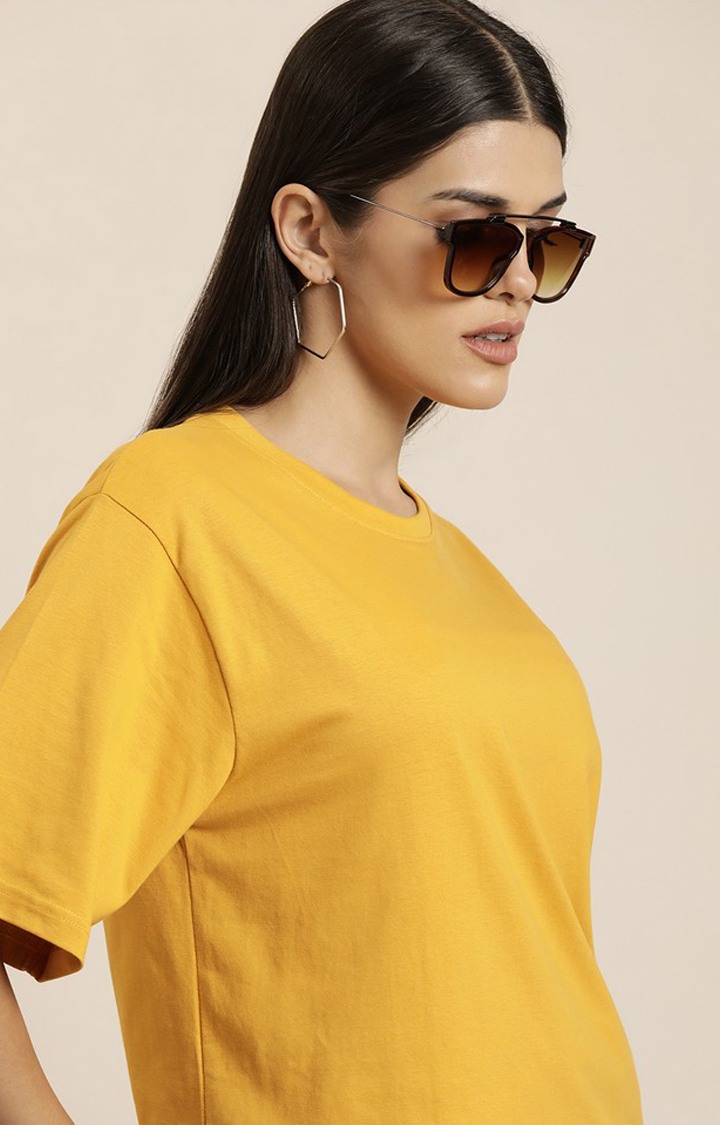 Women's Mustard Cotton Solid Oversized T-Shirt