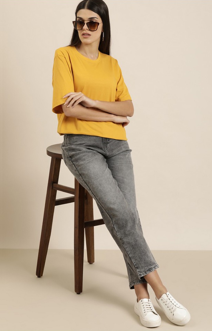 Women's Mustard Cotton Solid Oversized T-Shirt