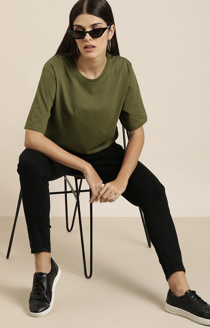 Women's Olive Cotton Solid Oversized T-Shirt