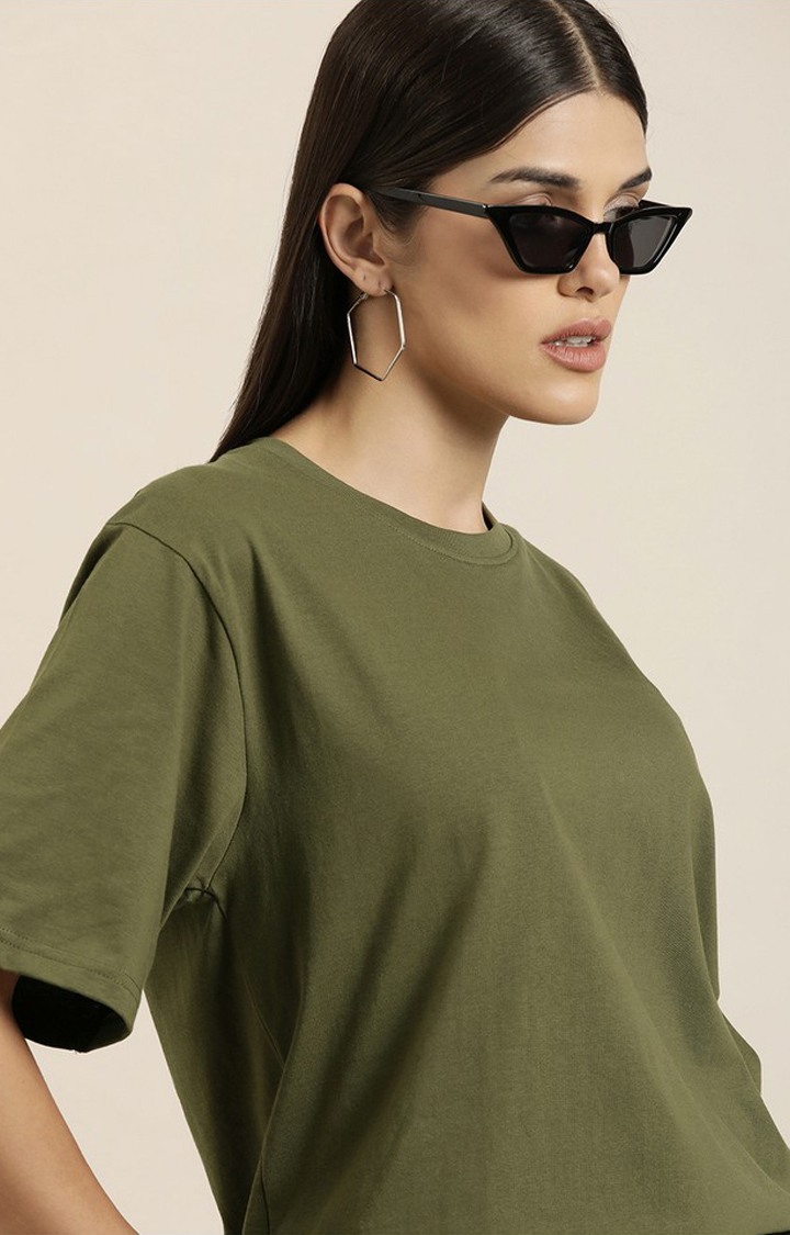 Women's Olive Cotton Solid Oversized T-Shirt