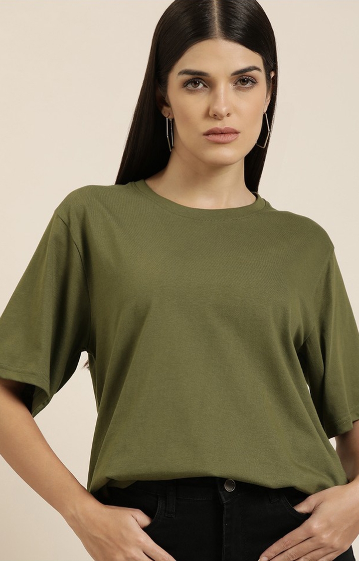 Difference of Opinion | Women's Olive Cotton Solid Oversized T-Shirt
