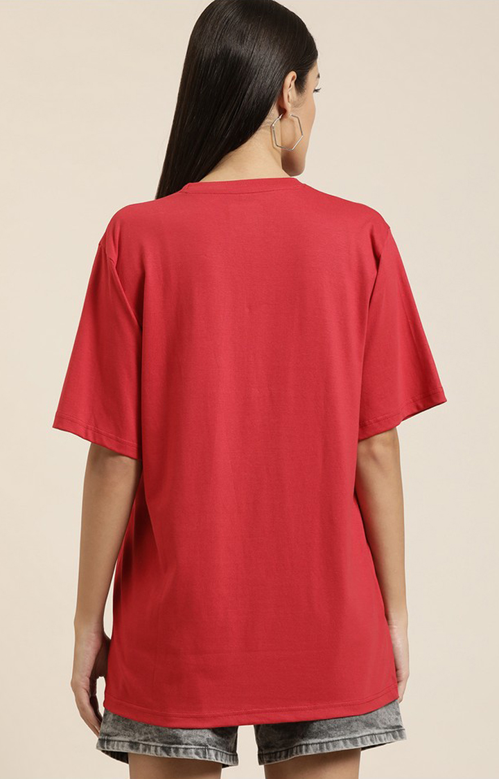 Women's Red Cotton Solid Oversized T-Shirt