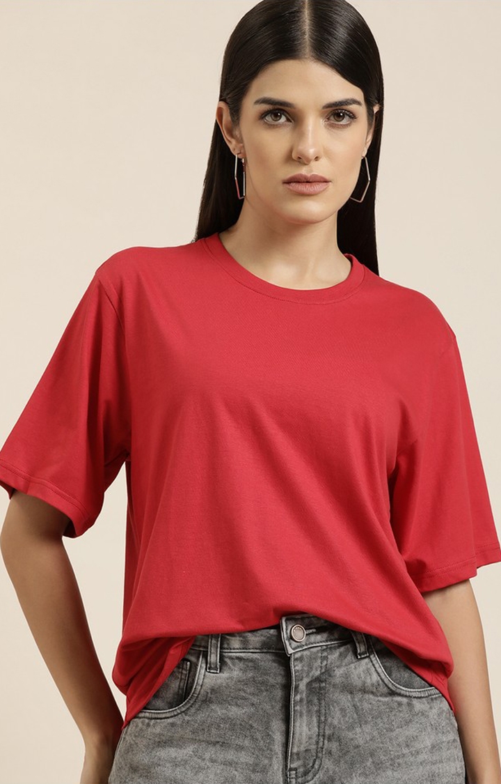 Women's Red Cotton Solid Oversized T-Shirt