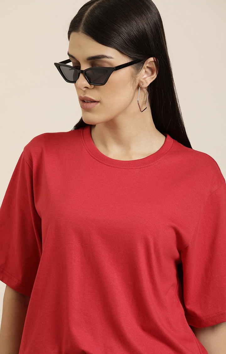 Women's Red Cotton Solid Oversized T-Shirt