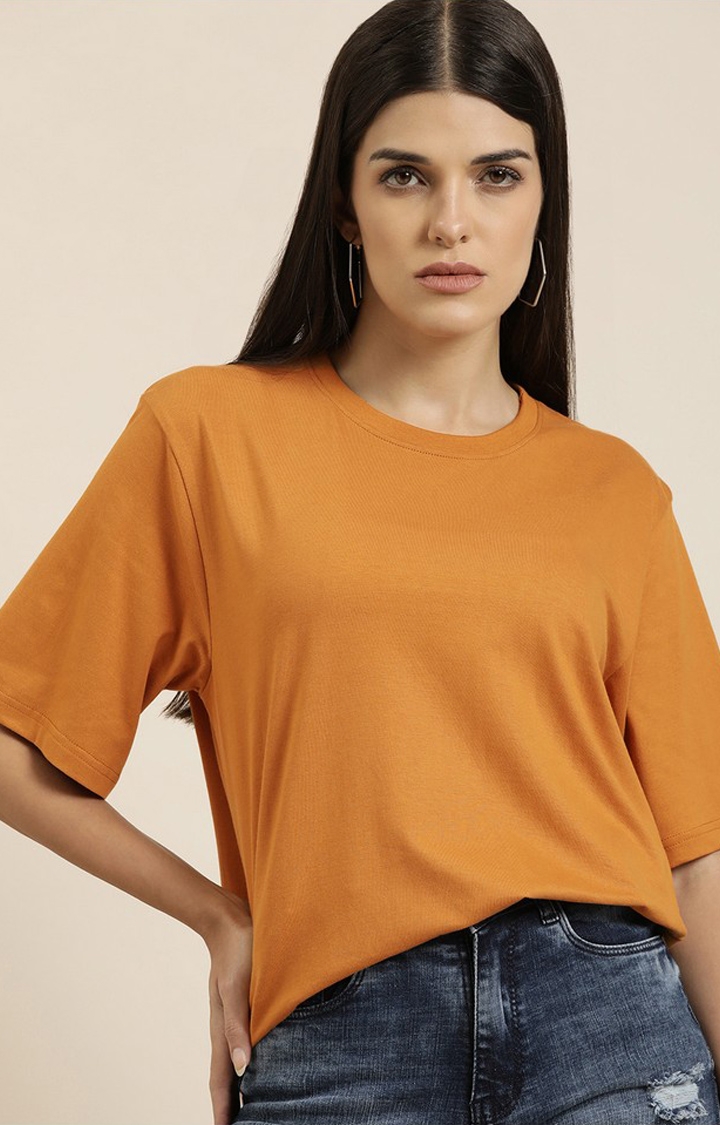 Women's Sudan Brown Cotton Solid Oversized T-Shirt