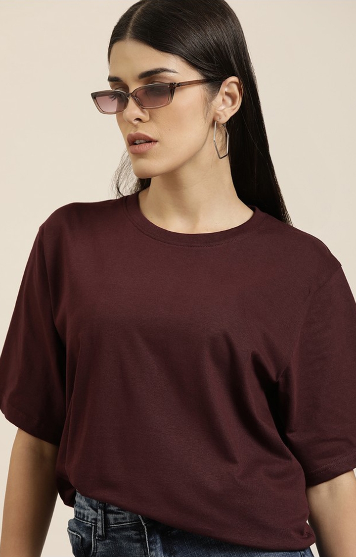 Women's Wine Cotton Solid Oversized T-Shirt