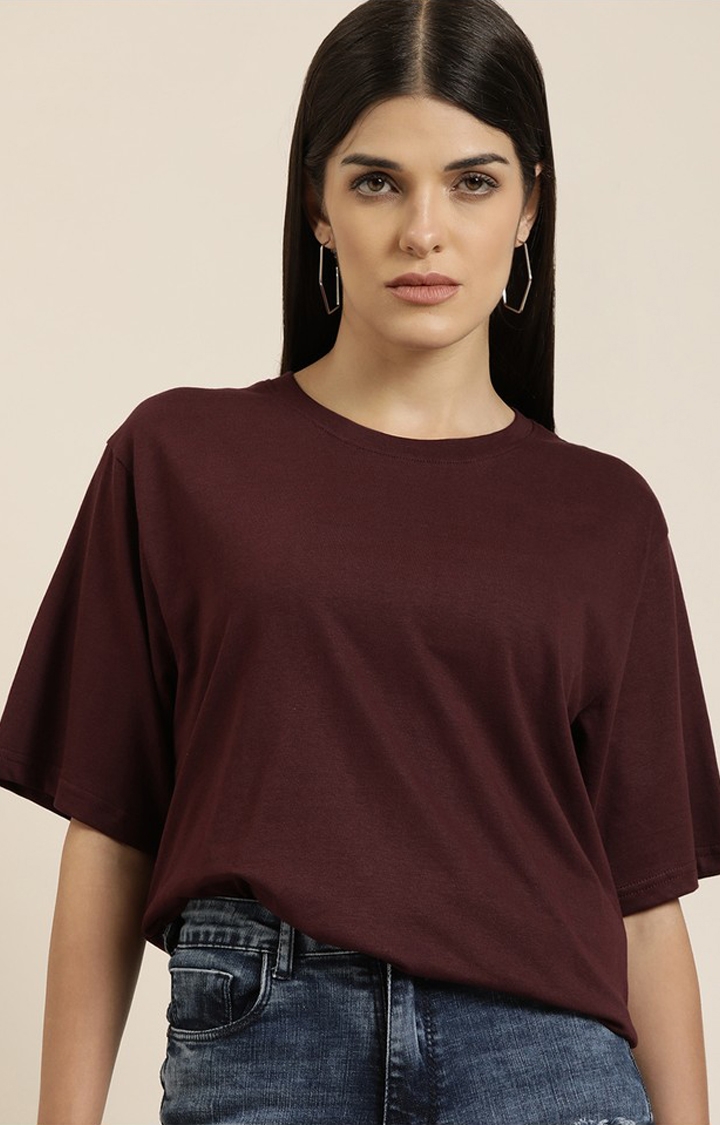 Difference of Opinion | Women's Wine Cotton Solid Oversized T-Shirt