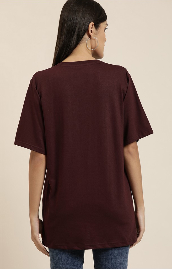Women's Wine Cotton Solid Oversized T-Shirt
