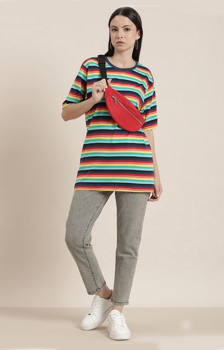 Women's Multicoloured Striped Oversized T-Shirt