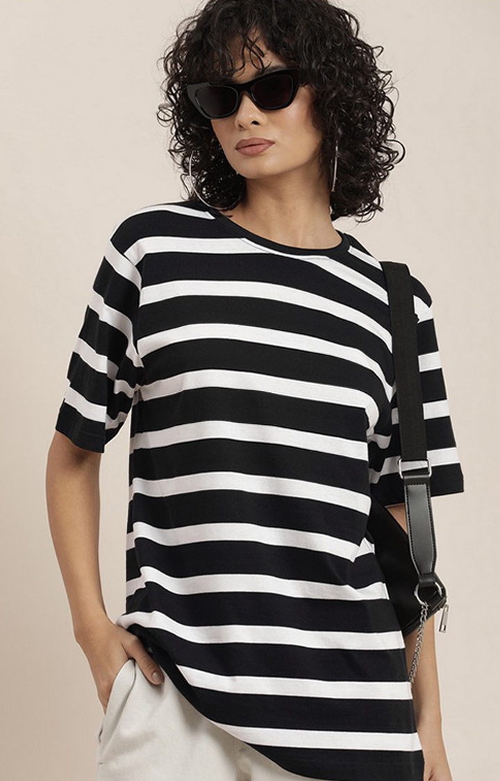 Difference of Opinion | Women's Black & White Striped Oversized T-Shirt