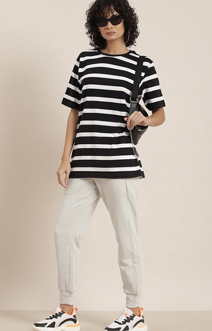 Women's Black & White Striped Oversized T-Shirt