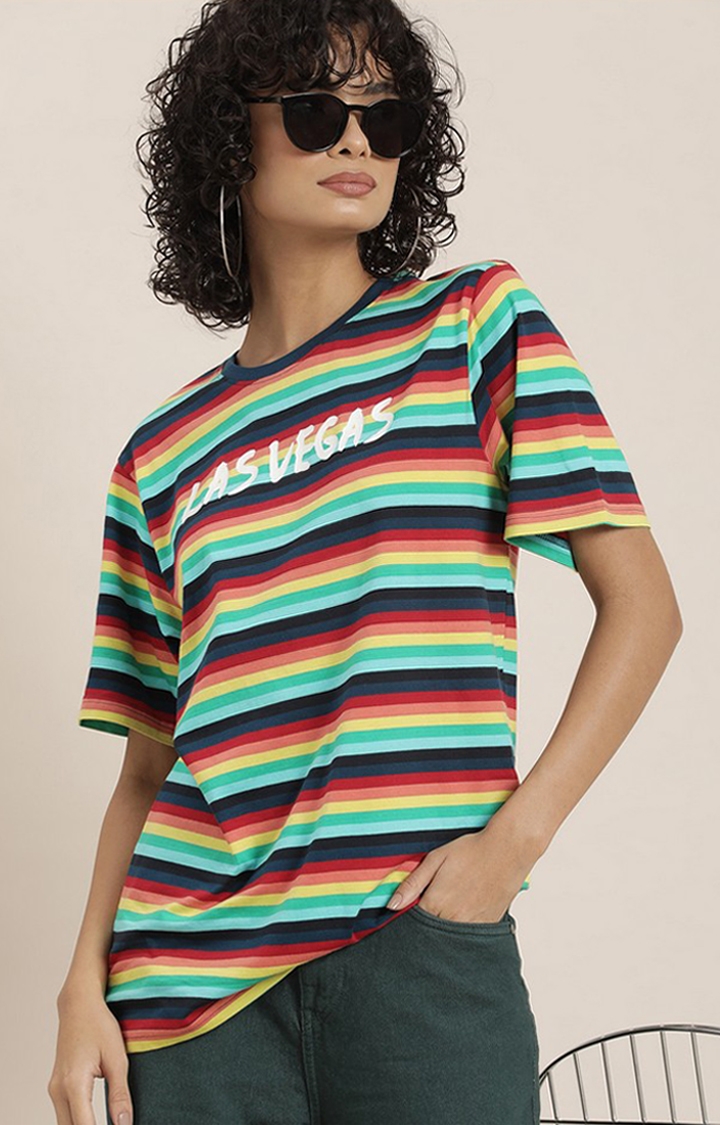 Difference of Opinion | Women's Multicoloured Striped Oversized T-Shirt