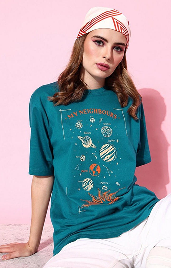 Difference of Opinion | Women's Blue Graphic Oversized T-Shirt