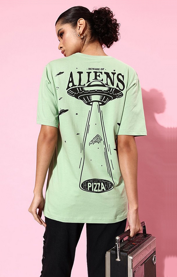 Difference of Opinion | Women's Green Graphic Oversized T-Shirt