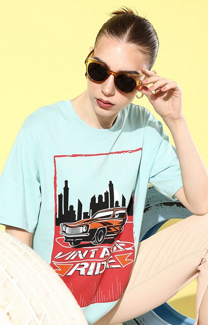 Women's Turquoise Blue Graphic Oversized T-shirt