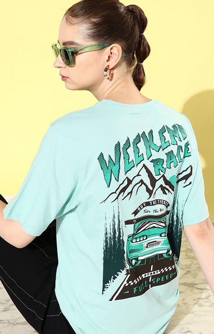 Difference of Opinion | Women's Turquoise Blue Graphic Oversized T-shirt