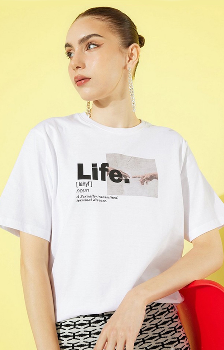 Women's White Graphic Oversized T-shirt