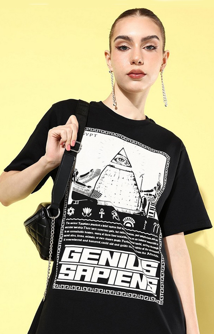 Women's Black Graphic Oversized T-shirt