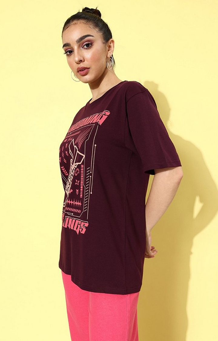 Women's Maroon Graphic Oversized T-shirt