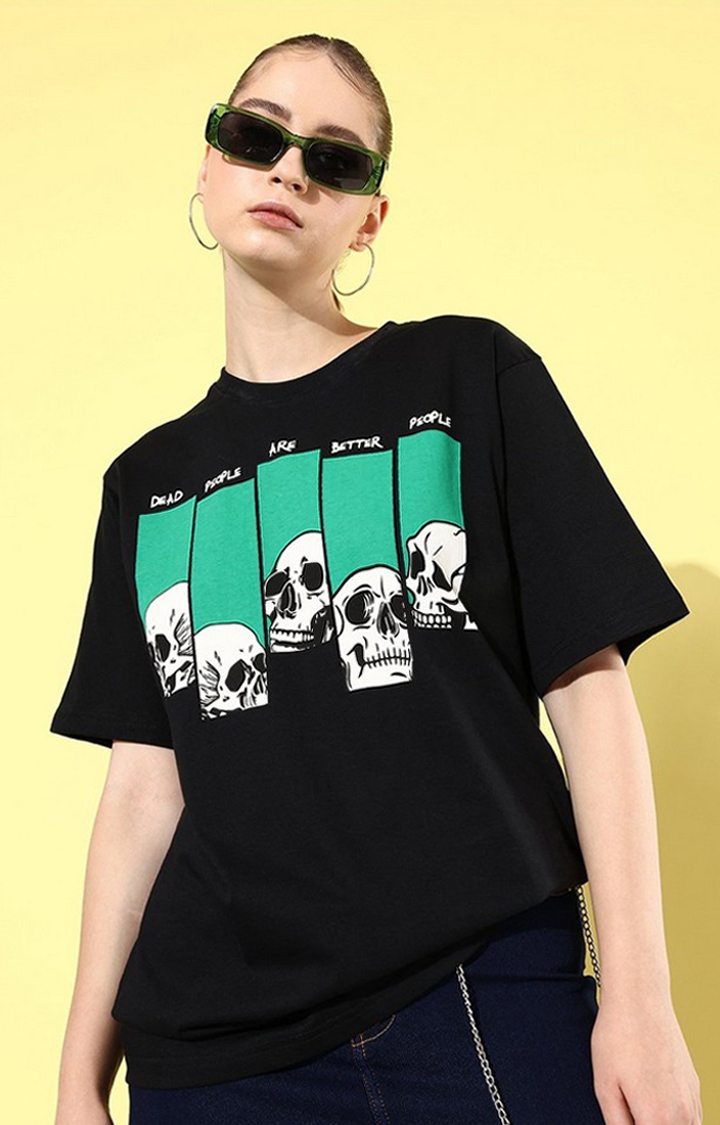 Women's Black Graphic Oversized T-shirt