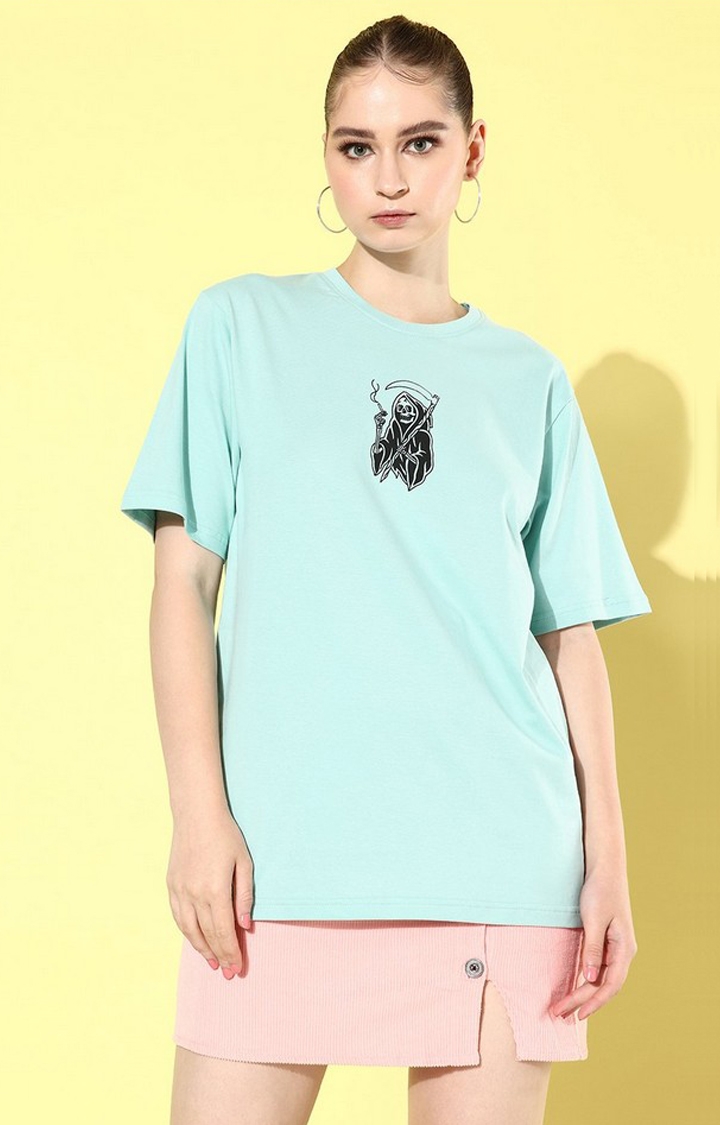 Women's Turquoise Blue Graphic Oversized T-shirt