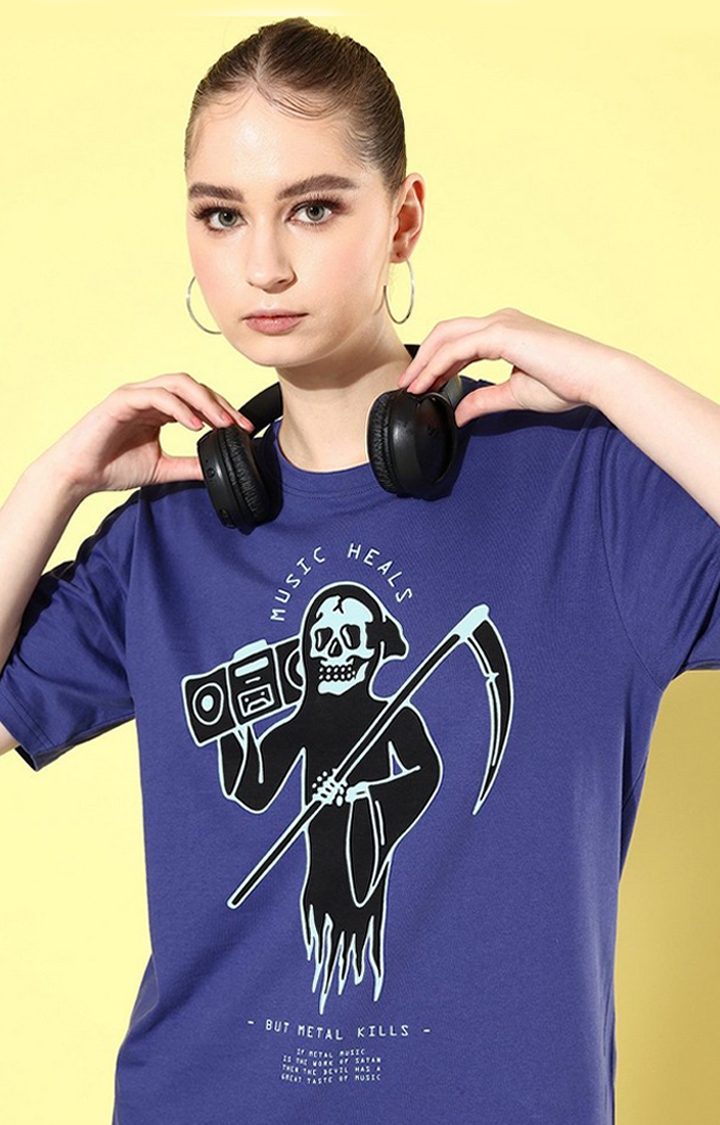 Women's Navy Blue Graphic Oversized T-shirt