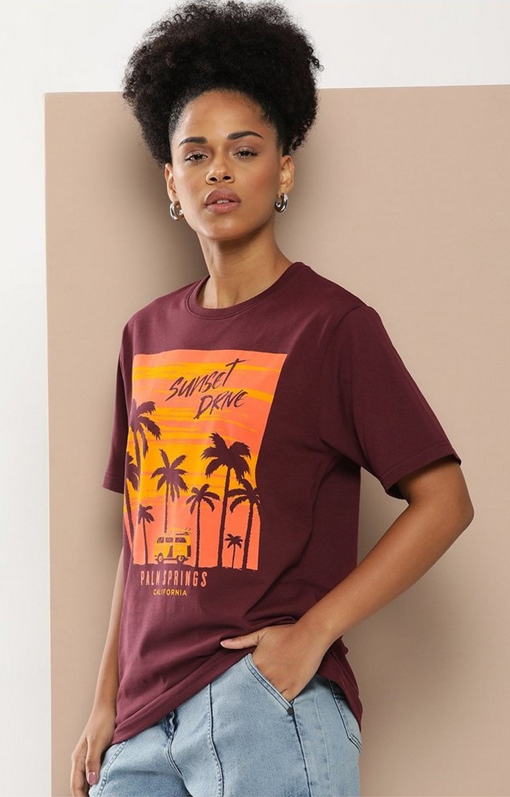 Difference of Opinion | Women's Maroon Graphic Oversized T-Shirt