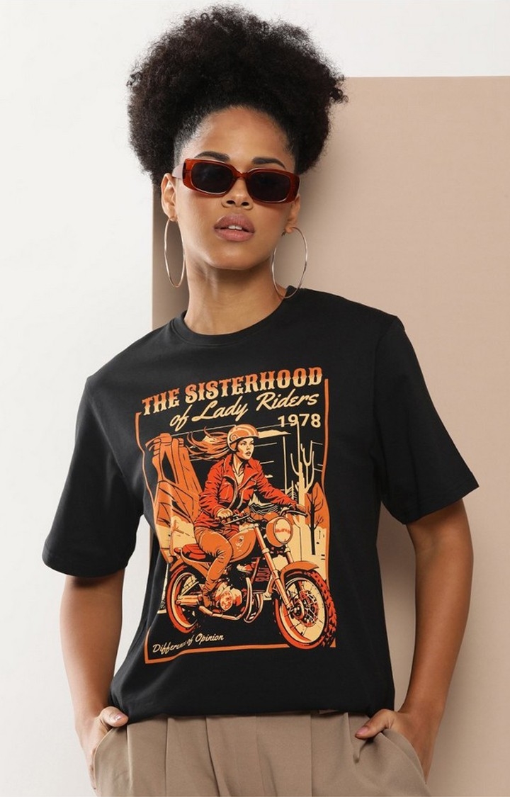 Women's Black Graphic Oversized T-Shirt