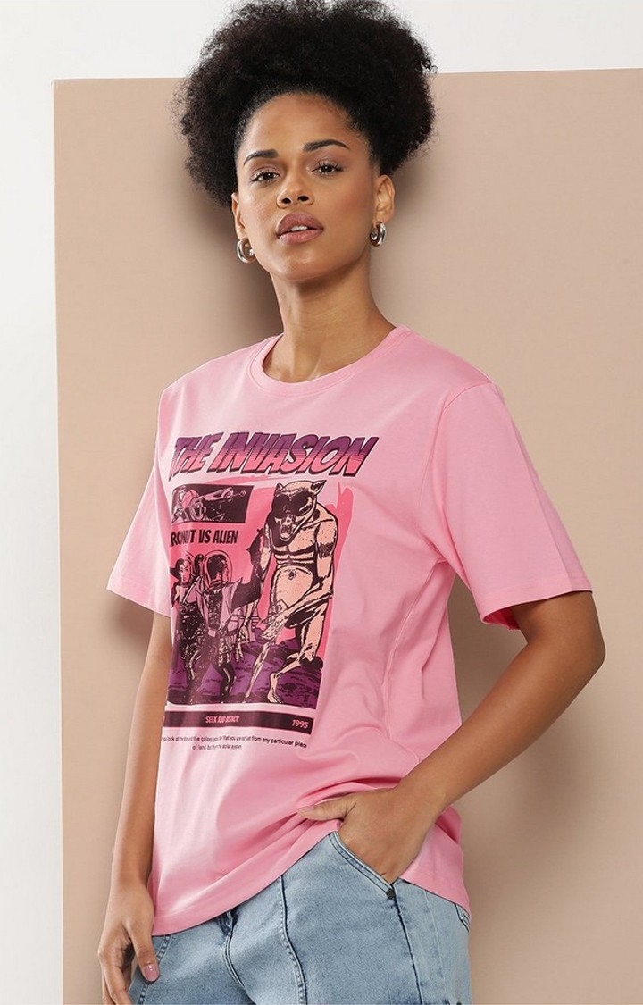 Difference of Opinion | Women's Pink Graphic Oversized T-Shirt