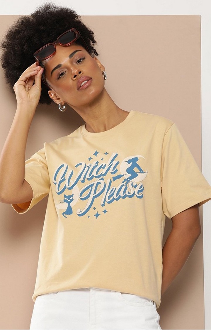 Women's Beige Graphic Oversized T-Shirt
