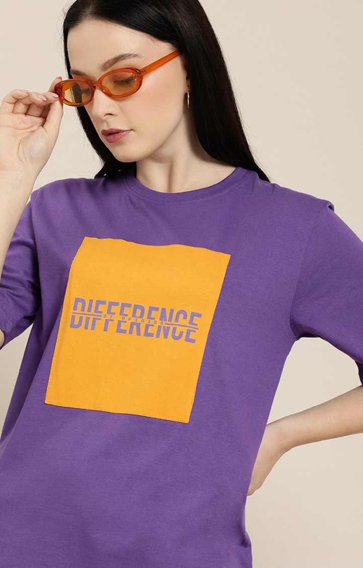 Women's Violet Cotton Typographic Printed Oversized T-Shirt