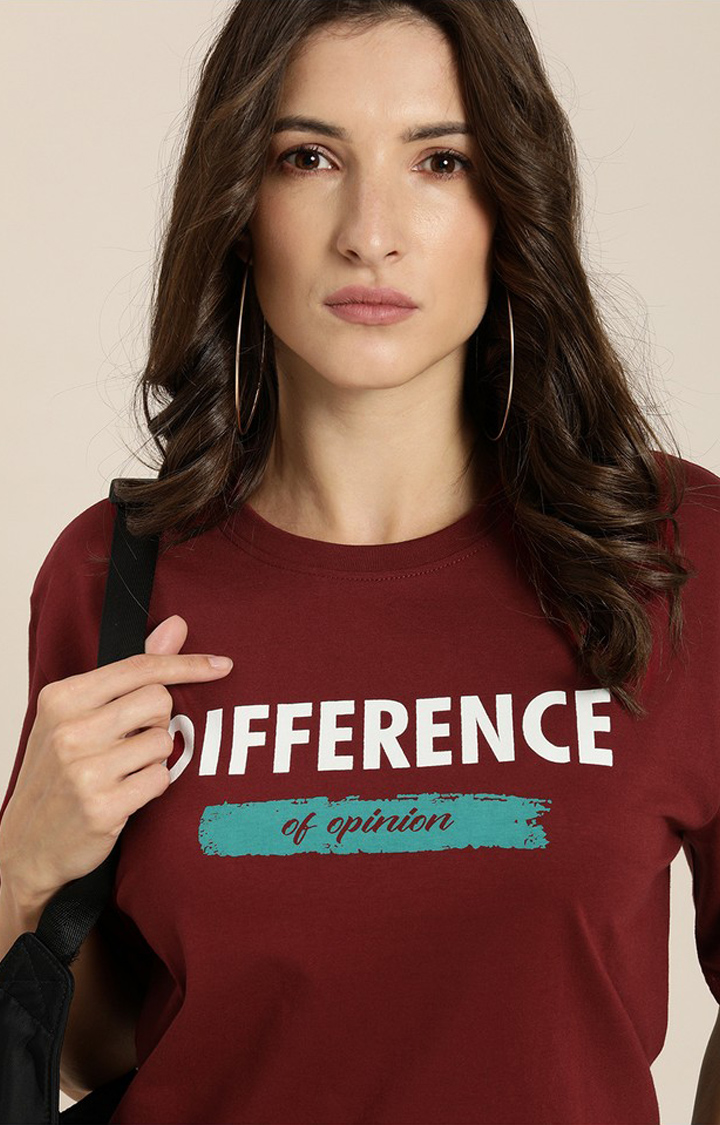 Women's Maroon Cotton Typographic Printed Oversized T-Shirt