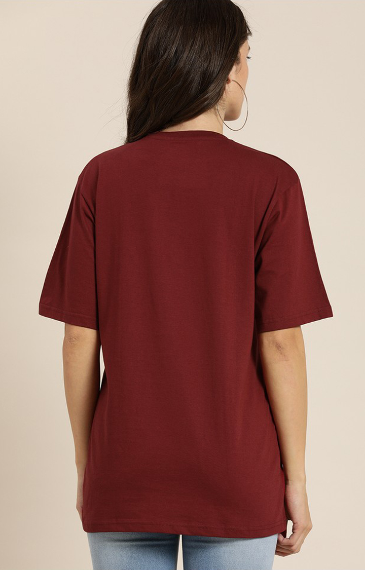 Women's Maroon Cotton Typographic Printed Oversized T-Shirt