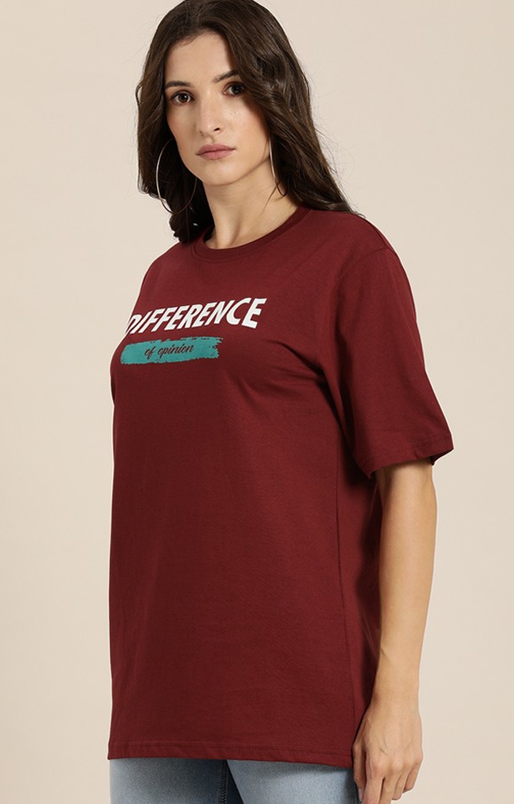 Difference of Opinion | Women's Maroon Cotton Typographic Printed Oversized T-Shirt