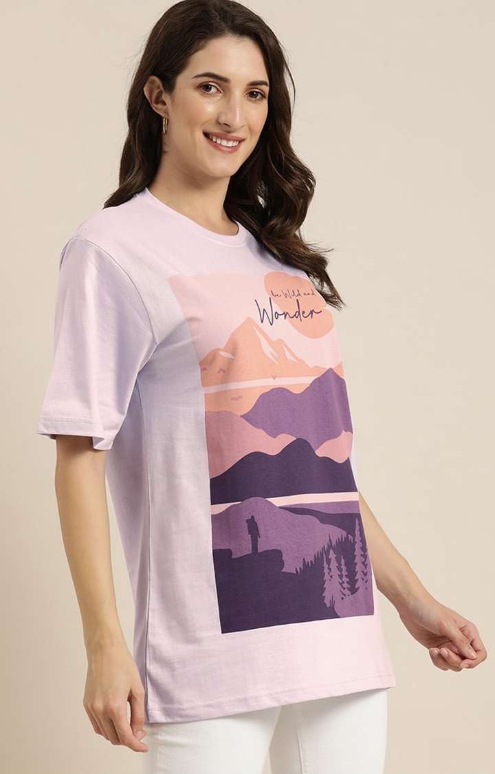 Difference of Opinion | Women's Lilac Cotton Graphic Printed Oversized T-Shirt 0