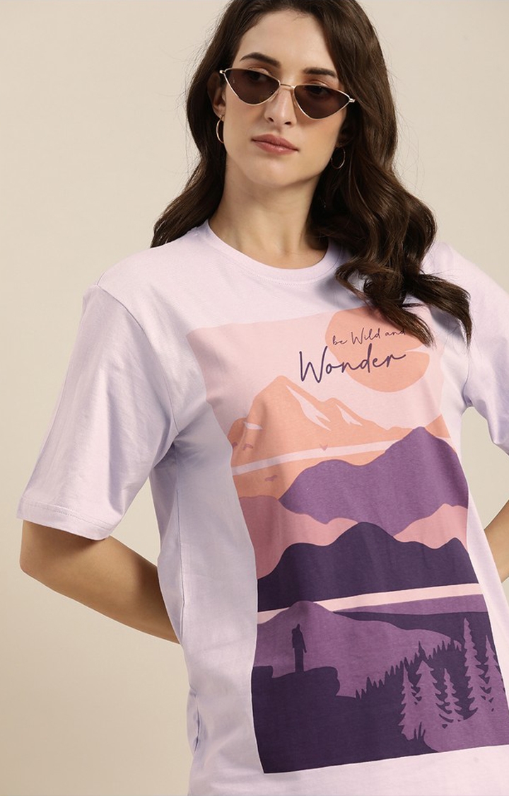 Difference of Opinion | Women's Lilac Cotton Graphic Printed Oversized T-Shirt 2
