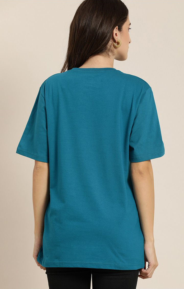 Women's Ink Blue Cotton Graphic Printed Oversized T-Shirt
