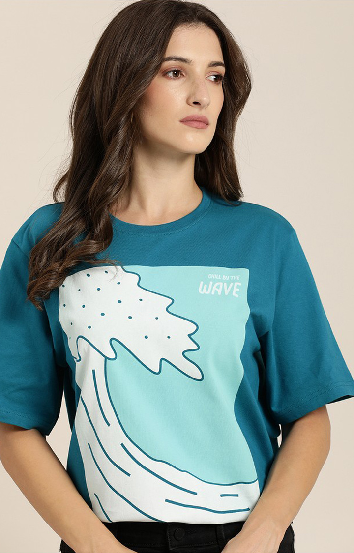 Women's Ink Blue Cotton Graphic Printed Oversized T-Shirt