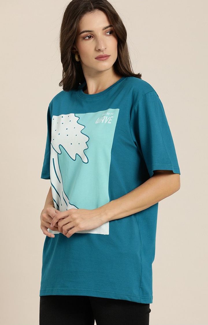 Difference of Opinion | Women's Ink Blue Cotton Graphic Printed Oversized T-Shirt