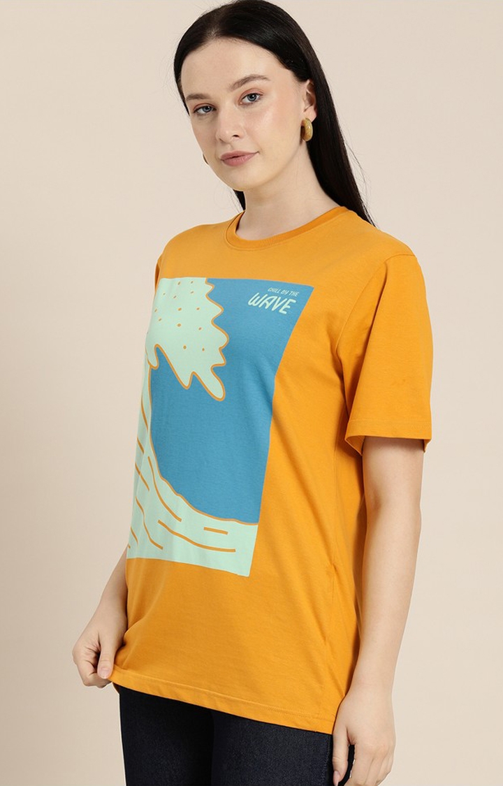 Women's Mustard Cotton Graphic Printed Oversized T-Shirt