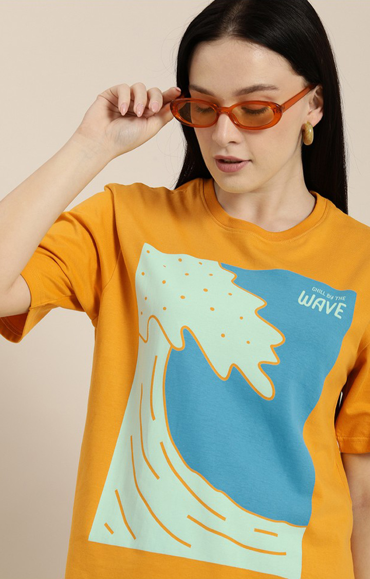 Women's Mustard Cotton Graphic Printed Oversized T-Shirt