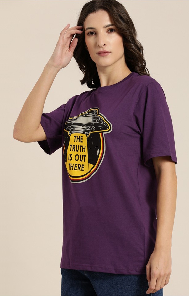 Difference of Opinion | Women's Grape Royale Cotton Typographic Printed Oversized T-Shirt