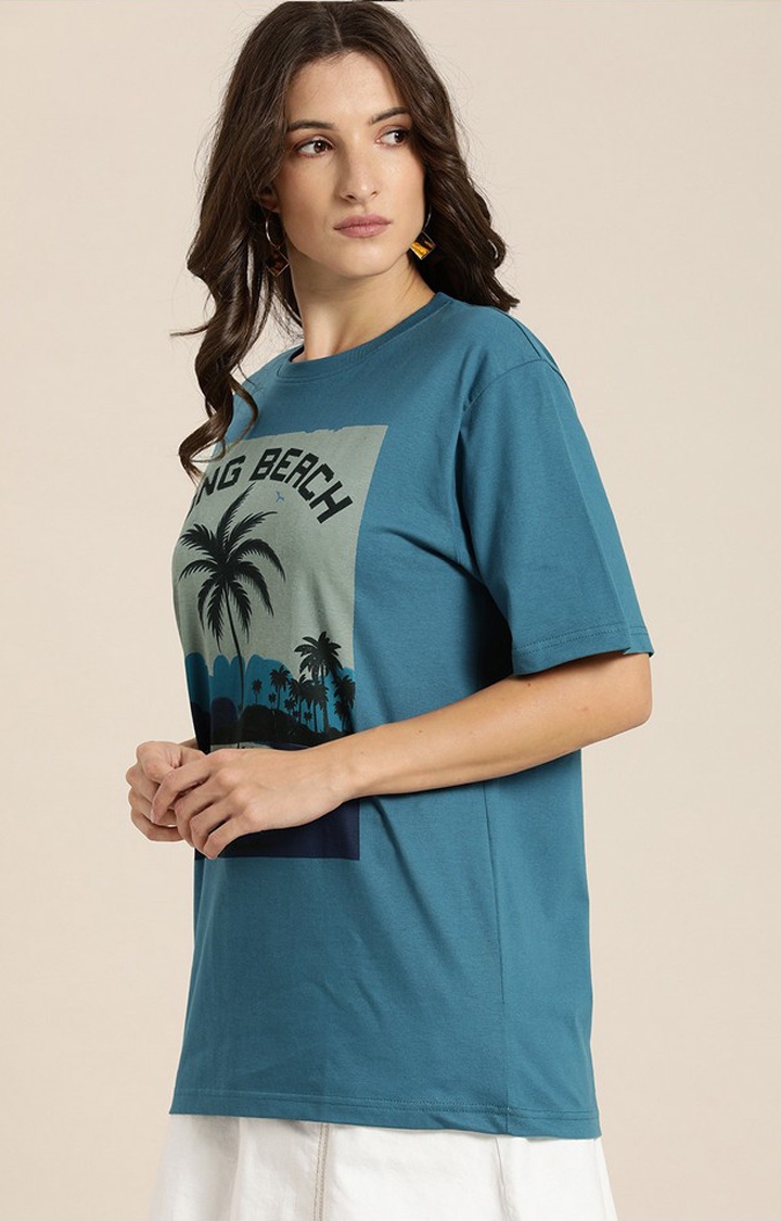 Difference of Opinion | Women's Teal Blue Cotton Graphic Printed Oversized T-Shirt