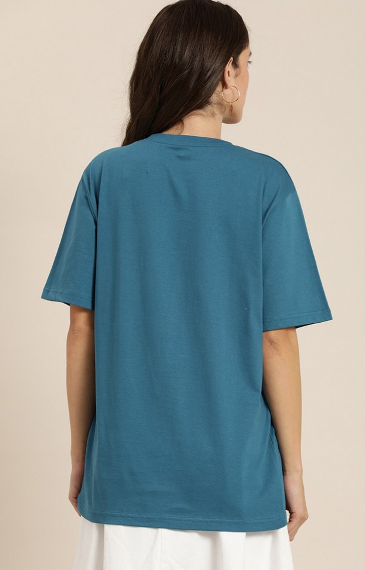 Difference of Opinion | Women's Teal Blue Cotton Graphic Printed Oversized T-Shirt 3