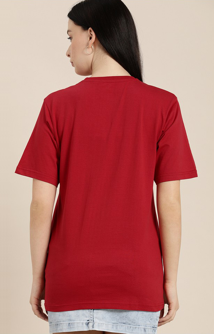 Women's Red Cotton Typographic Printed Oversized T-Shirt
