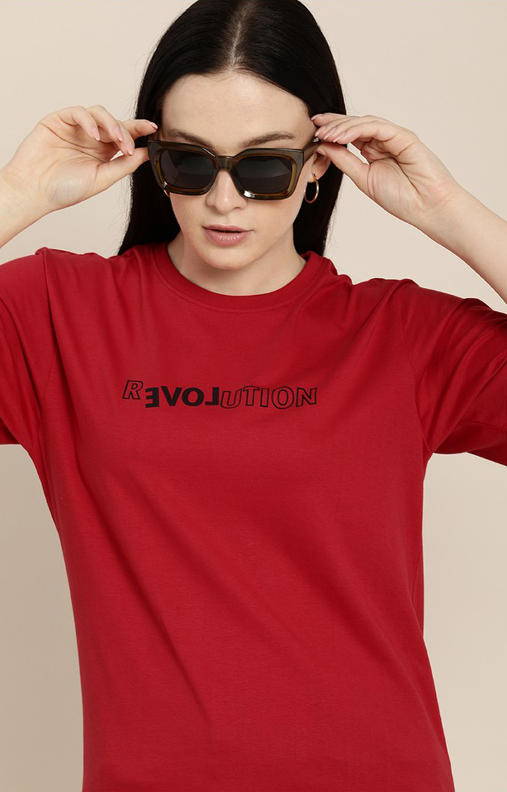Women's Red Cotton Typographic Printed Oversized T-Shirt