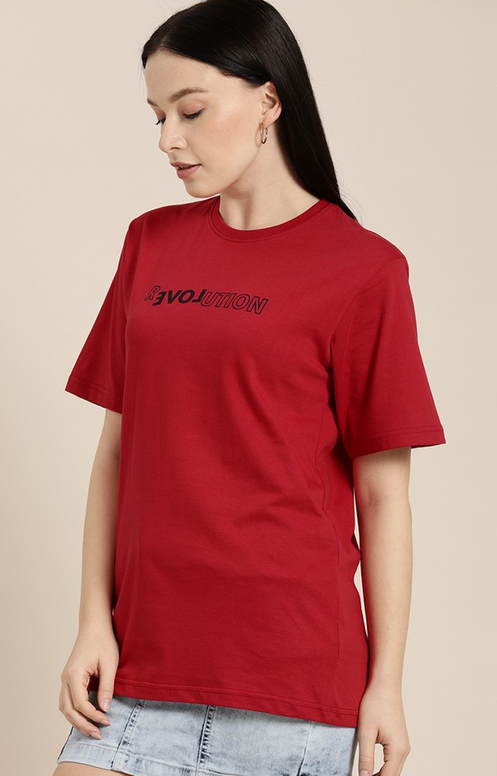 Difference of Opinion | Women's Red Cotton Typographic Printed Oversized T-Shirt