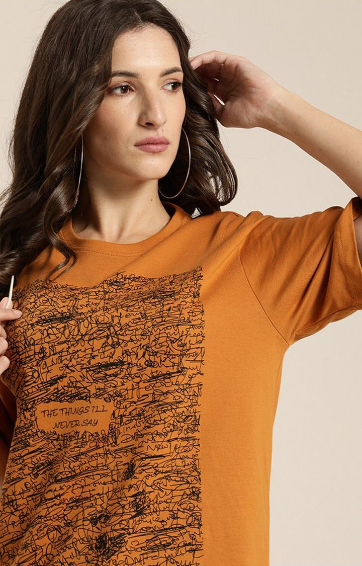 Women's Brown Cotton Graphic Printed Oversized T-Shirt