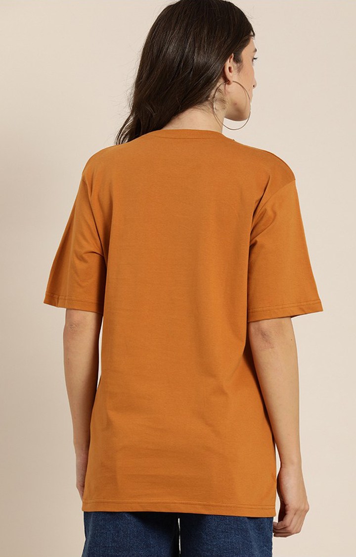 Women's Brown Cotton Graphic Printed Oversized T-Shirt
